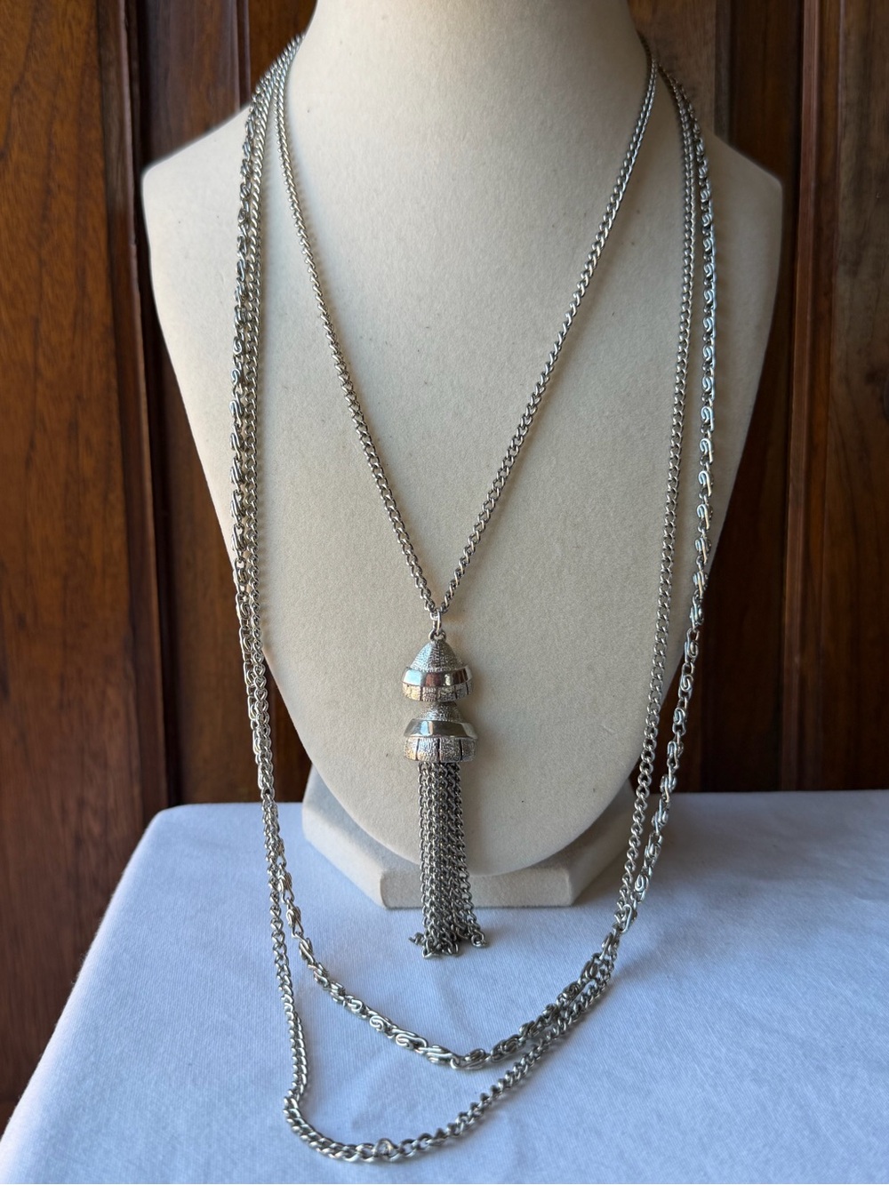 Silver Tone Multi Chain Tassel Pendant Necklace Long Statement